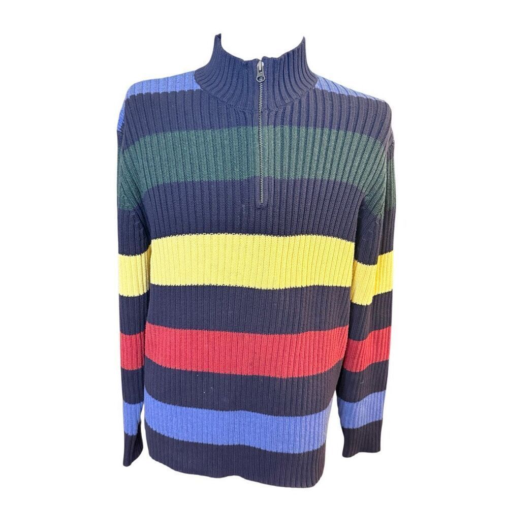 Lands End Quarter Zip Color Block Stripe Sweater Mock Neck Sz. XL Preppy - Picture 3 of 12